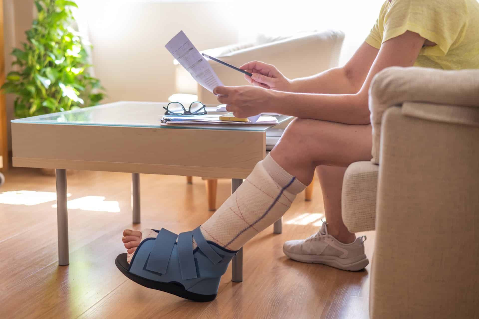 A person sitting on a couch with a cast on their food holding documents and a pen